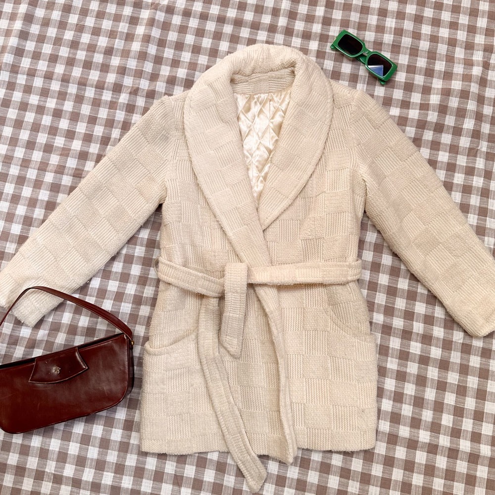 Vintage 1980s Checkered Texture Wrap Coat